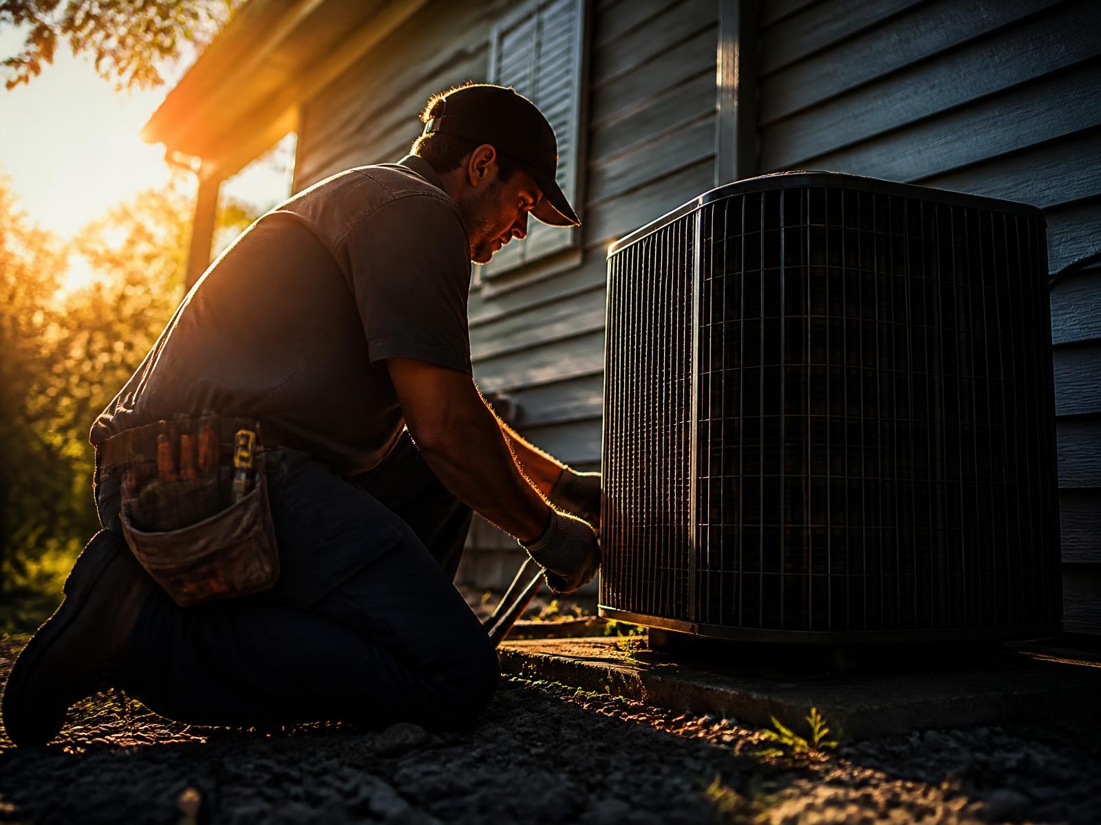 HVAC technician servicing an outdoor air conditioning condenser on a hot afternoon